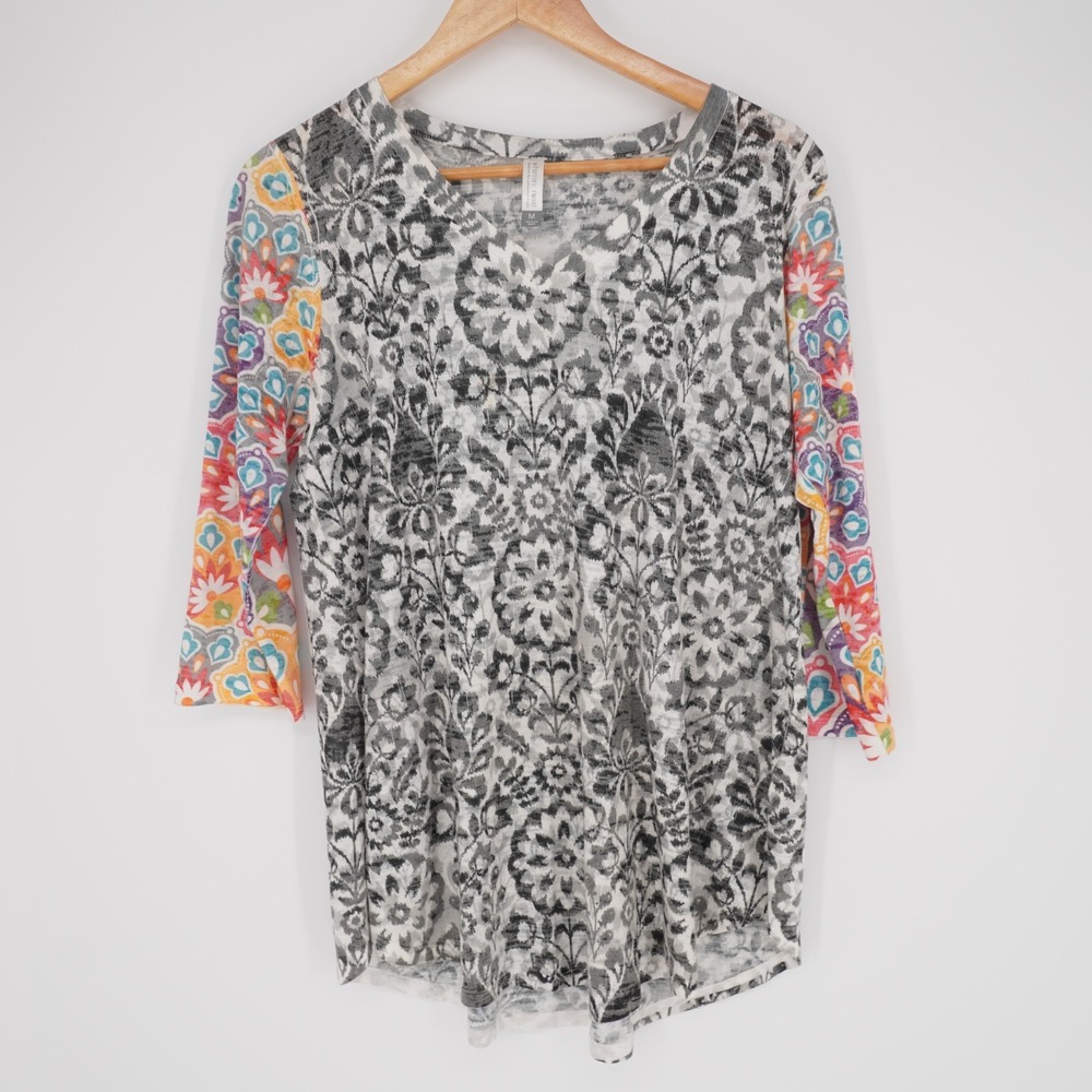 Whimsy Rose Sundance Boho Signature Top Womens M Mixed Print Lightweight V Neck